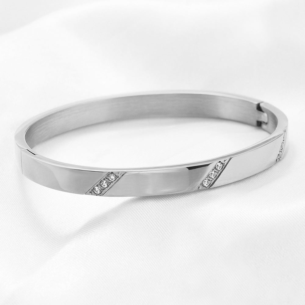 simple style solid color stainless steel inlay zircon bangle