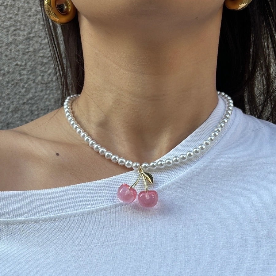 Sweet Simple Style Cherry Solid Color 18K Gold Plated Imitation Pearl 304 Stainless Steel Beaded Chain Beaded Necklaces