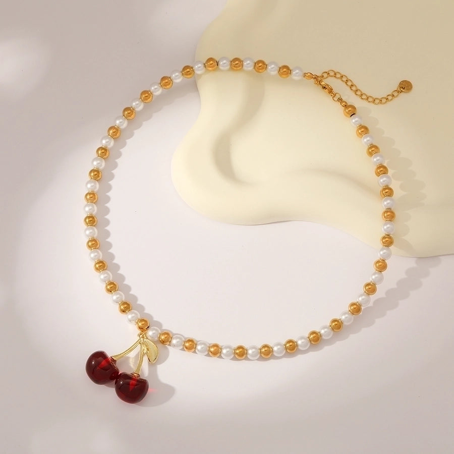 Sweet Simple Style Cherry Solid Color 18K Gold Plated Imitation Pearl 304 Stainless Steel Beaded Beaded Necklaces