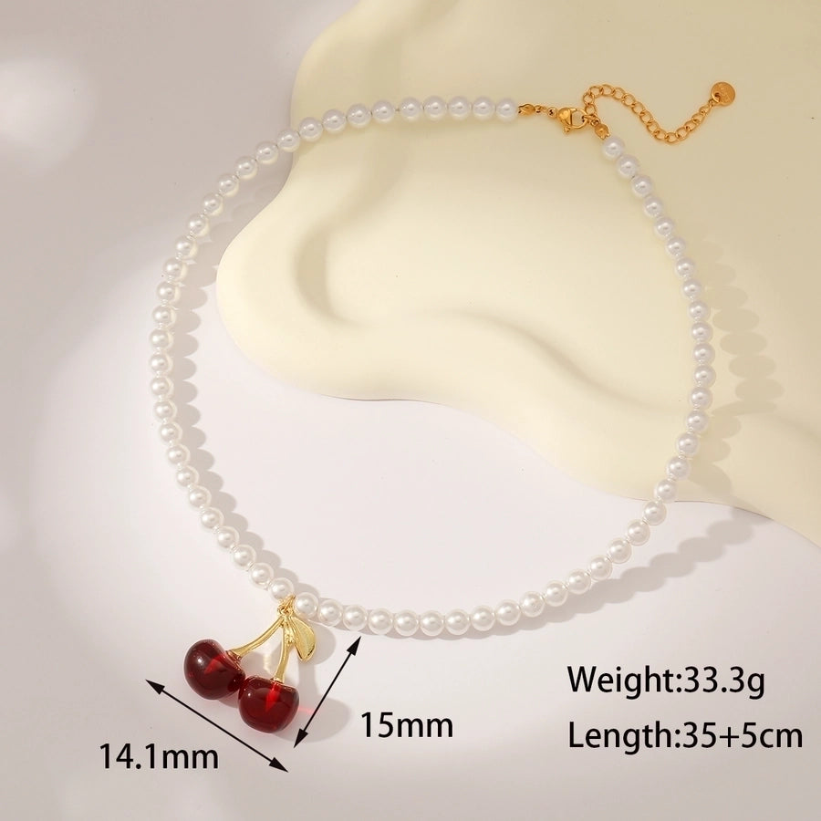 Sweet Simple Style Cherry Solid Color 18K Gold Plated Imitation Pearl 304 Stainless Steel Beaded Chain Beaded Necklaces