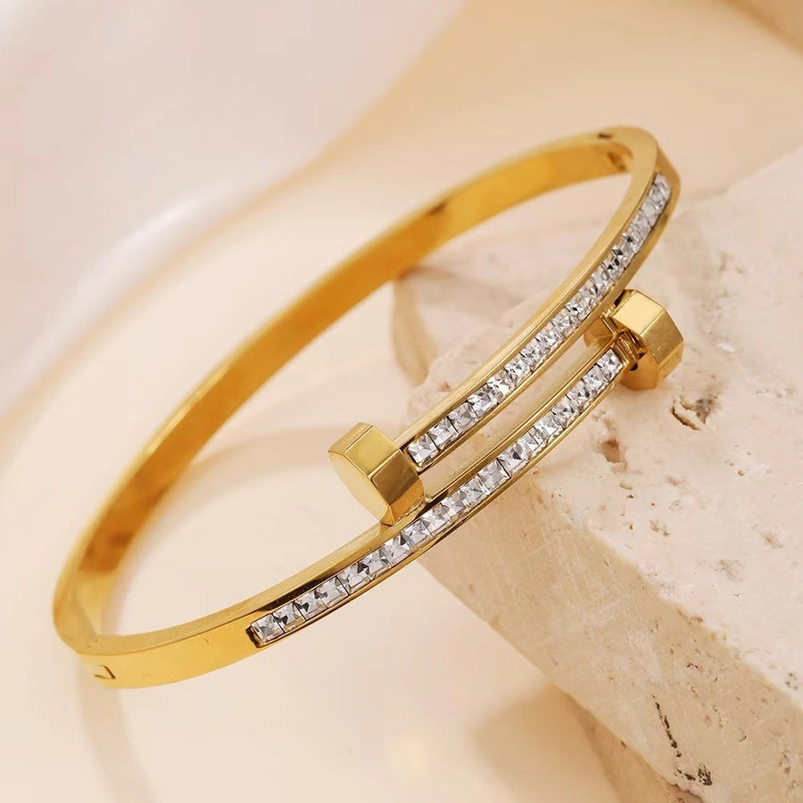 Simple Style Classic Style Nail Titanium Steel 18K Gold Plated Rhinestones Bangle In Bulk Stainless Steel Bracelets