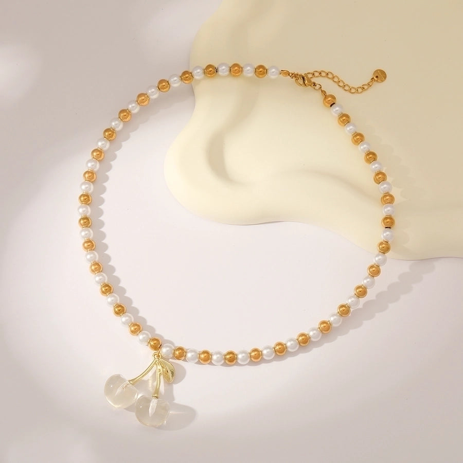 Sweet Simple Style Cherry Solid Color 18K Gold Plated Imitation Pearl 304 Stainless Steel Beaded Beaded Necklaces