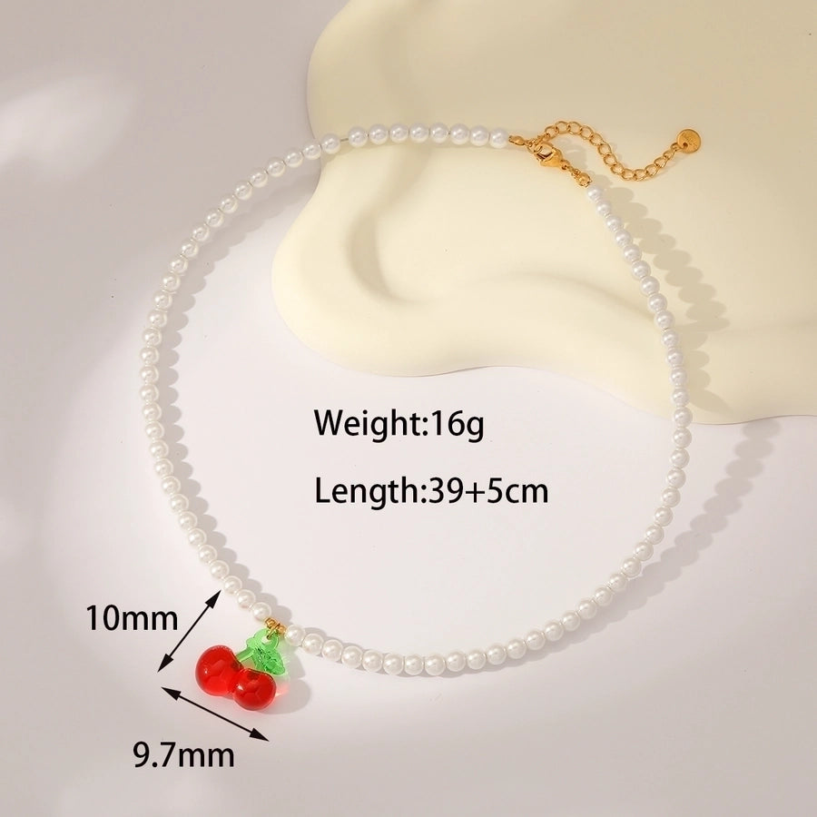 Sweet Simple Style Cherry Solid Color 18K Gold Plated Imitation Pearl 304 Stainless Steel Beaded Chain Beaded Necklaces