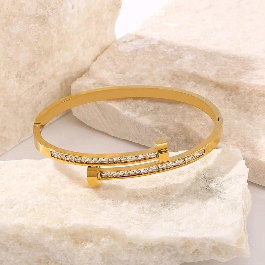 Simple Style Classic Style Nail Titanium Steel 18K Gold Plated Rhinestones Bangle In Bulk Stainless Steel Bracelets