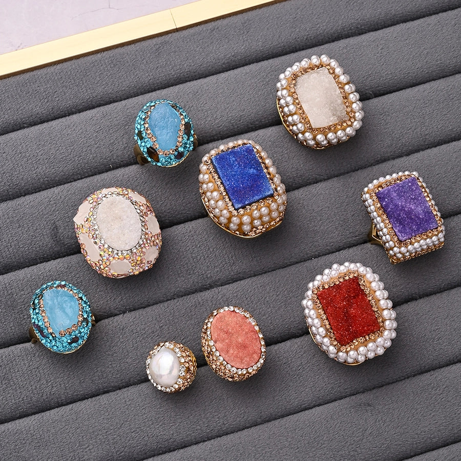 Casual Glam Vacation Irregular Oval Rectangle Crystal Tooth Pearl Copper Polishing Inlay Acrylic Imitation Pearl Rhinestones Clay 18K Gold Plated Women's Adjustable Ring