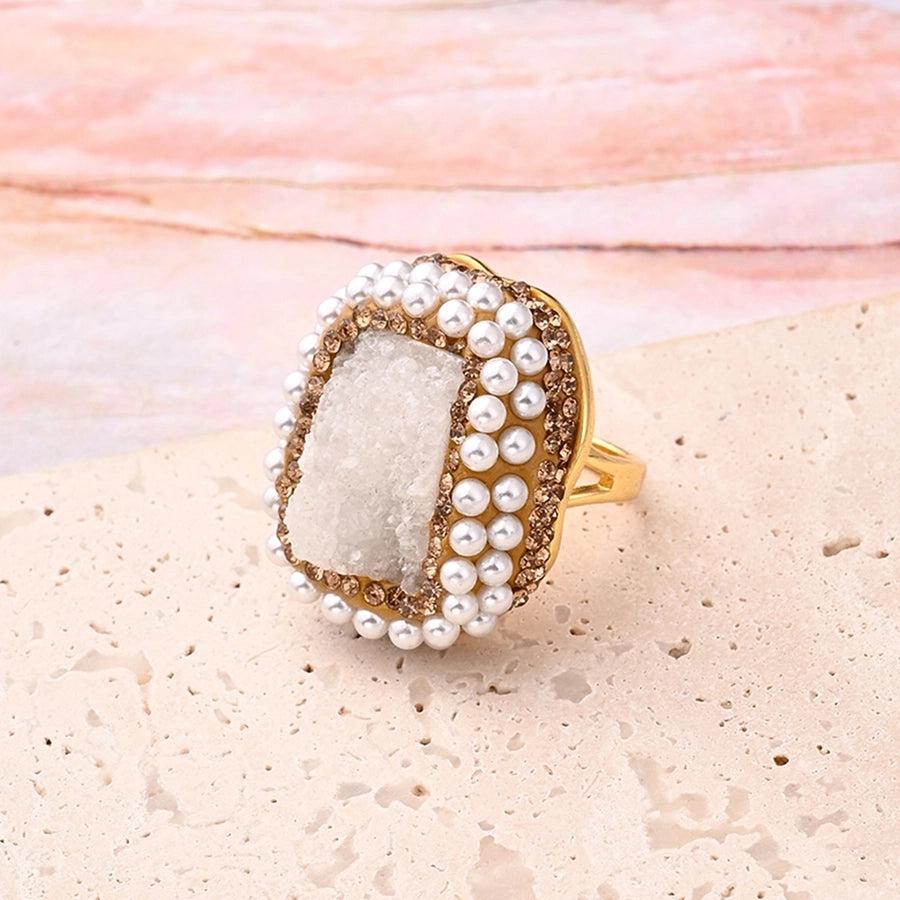 Casual Glam Vacation Irregular Oval Rectangle Crystal Tooth Pearl Copper Polishing Inlay Acrylic Imitation Pearl Rhinestones Clay 18K Gold Plated Women's Adjustable Ring