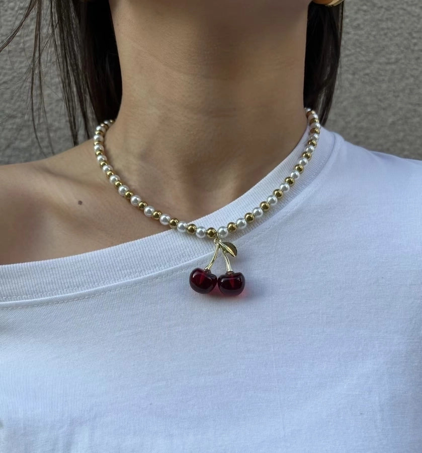 Sweet Simple Style Cherry Solid Color 18K Gold Plated Imitation Pearl 304 Stainless Steel Beaded Beaded Necklaces