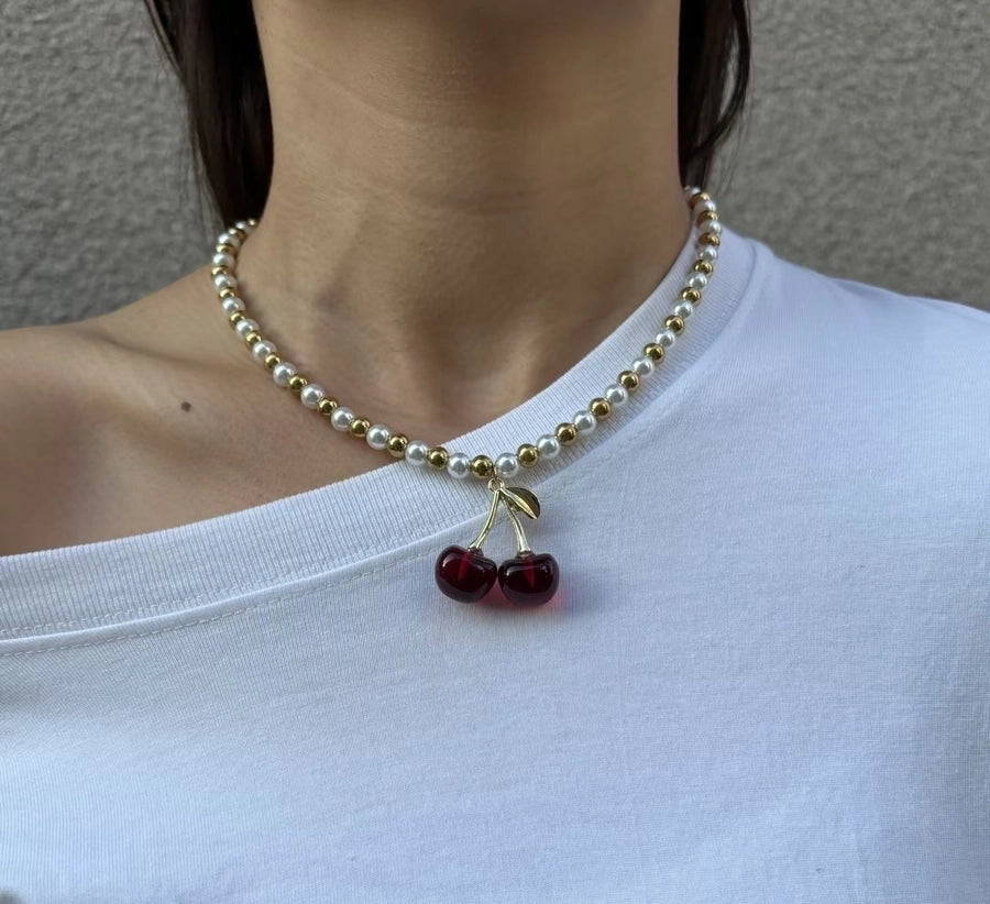 Sweet Simple Style Cherry Solid Color 18K Gold Plated Imitation Pearl 304 Stainless Steel Beaded Beaded Necklaces