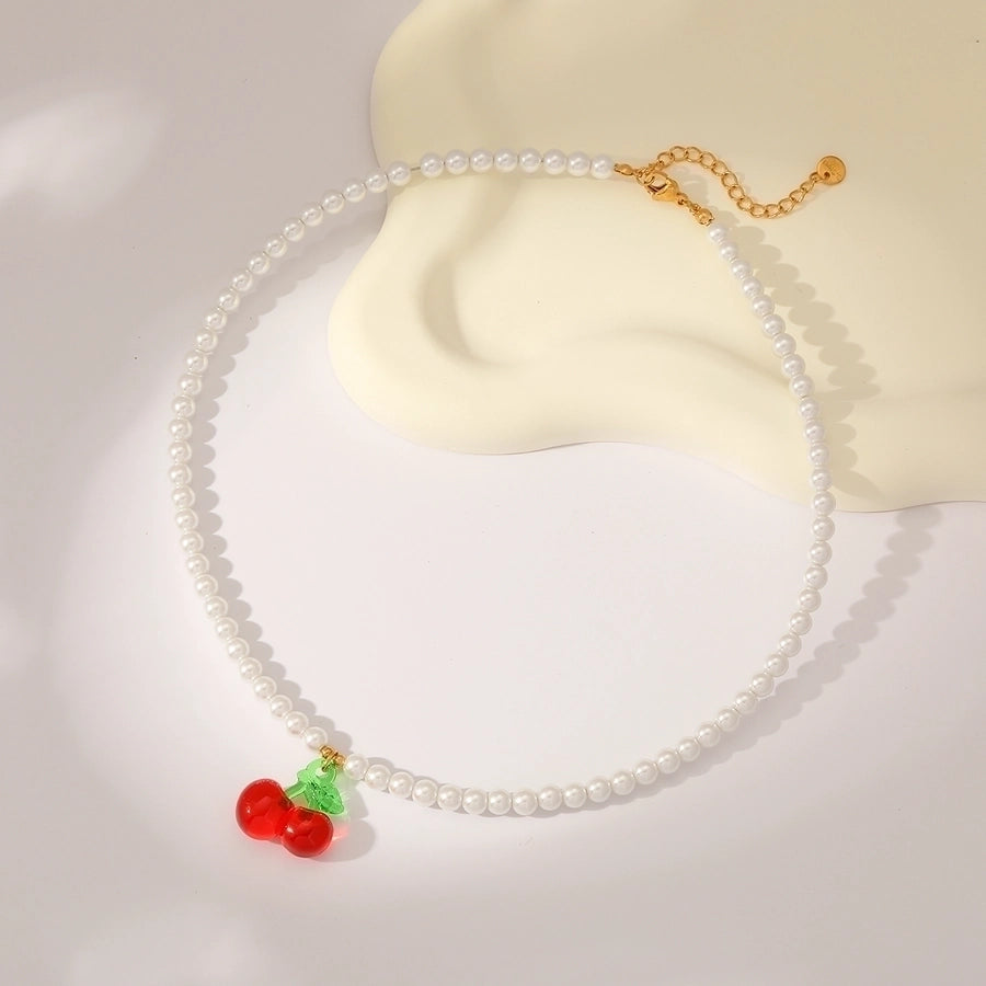 Sweet Simple Style Cherry Solid Color 18K Gold Plated Imitation Pearl 304 Stainless Steel Beaded Chain Beaded Necklaces