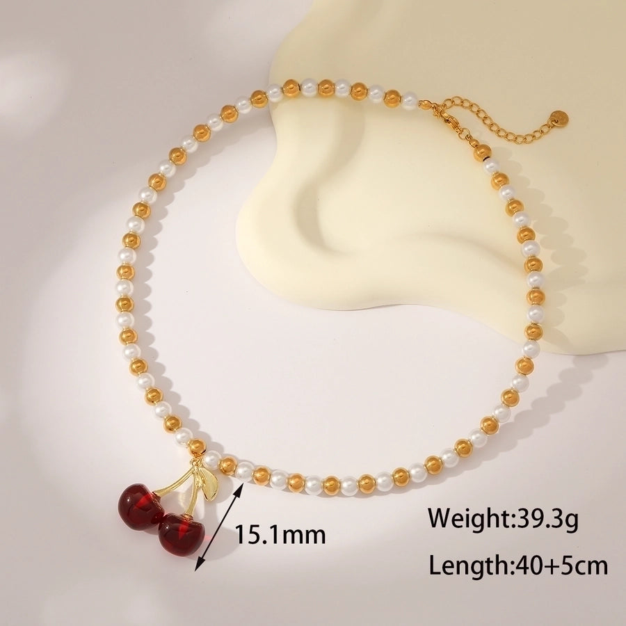 Sweet Simple Style Cherry Solid Color 18K Gold Plated Imitation Pearl 304 Stainless Steel Beaded Beaded Necklaces