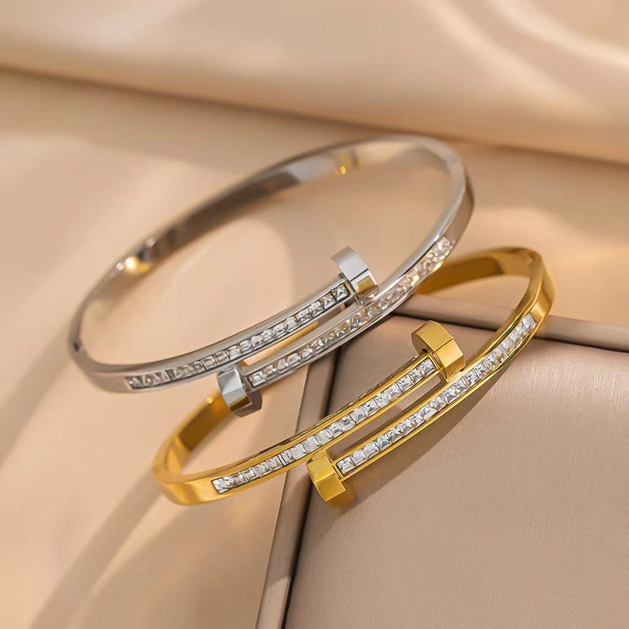 Simple Style Classic Style Nail Titanium Steel 18K Gold Plated Rhinestones Bangle In Bulk Stainless Steel Bracelets