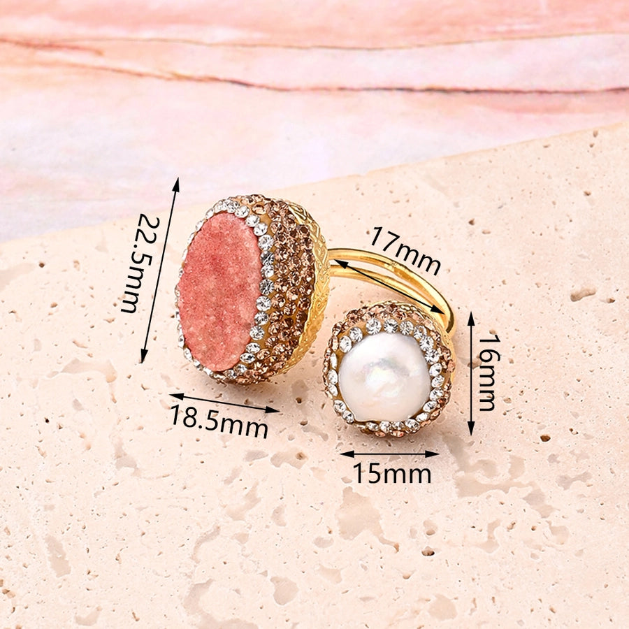 Casual Glam Vacation Irregular Oval Rectangle Crystal Tooth Pearl Copper Polishing Inlay Acrylic Imitation Pearl Rhinestones Clay 18K Gold Plated Women's Adjustable Ring