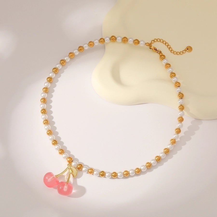 Sweet Simple Style Cherry Solid Color 18K Gold Plated Imitation Pearl 304 Stainless Steel Beaded Beaded Necklaces