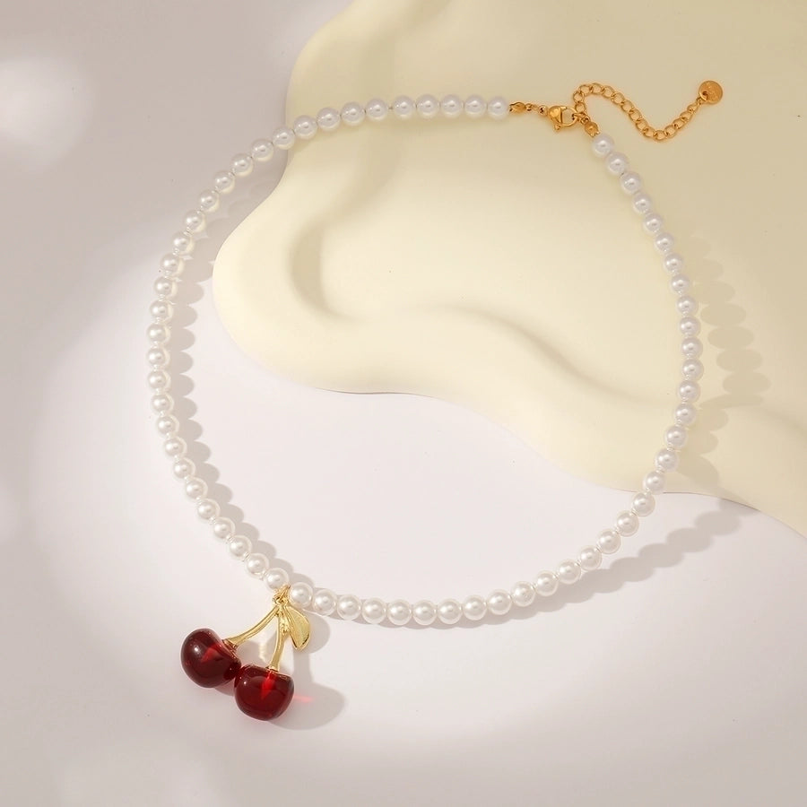 Sweet Simple Style Cherry Solid Color 18K Gold Plated Imitation Pearl 304 Stainless Steel Beaded Chain Beaded Necklaces