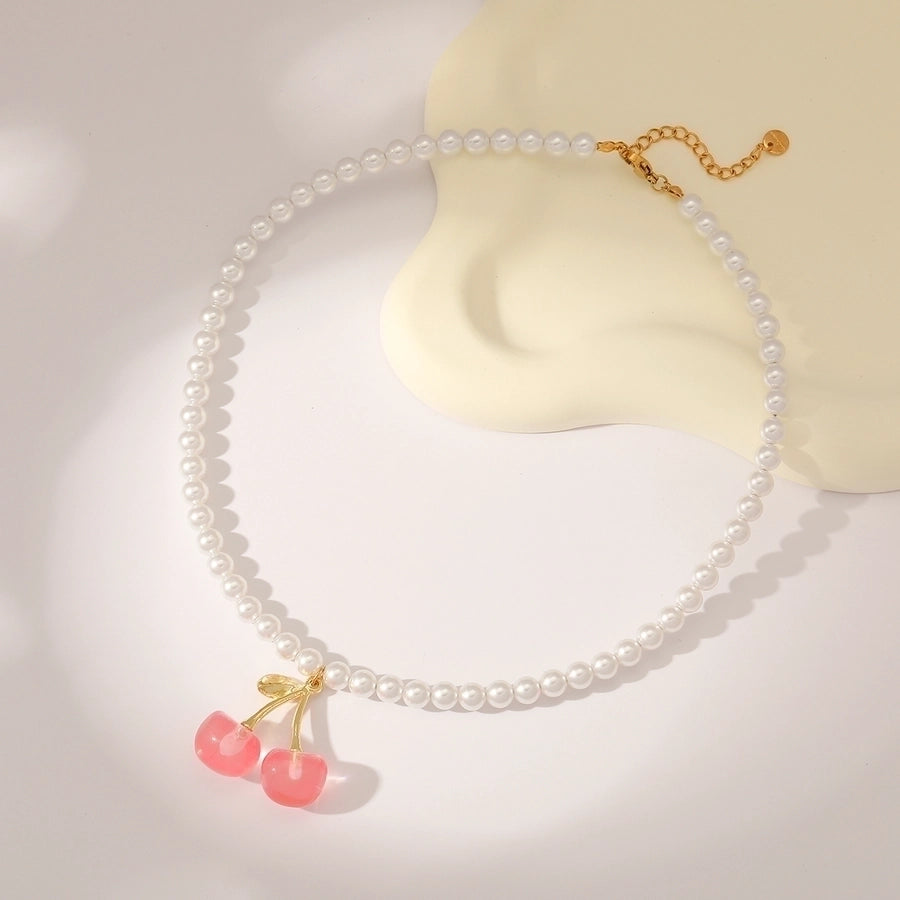 Sweet Simple Style Cherry Solid Color 18K Gold Plated Imitation Pearl 304 Stainless Steel Beaded Chain Beaded Necklaces