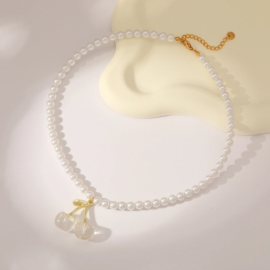 Sweet Simple Style Cherry Solid Color 18K Gold Plated Imitation Pearl 304 Stainless Steel Beaded Chain Beaded Necklaces